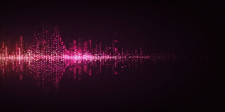 Pink and red digital sound wave made of glowing dots on dark purple background audio music - Powered by Adobe