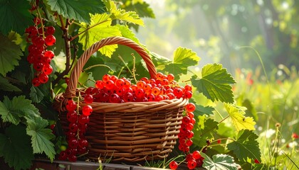 Basket of Red Currants on Grass Symbolizing Harvest and Editorial Styling for Nature and Seasonal Abundance