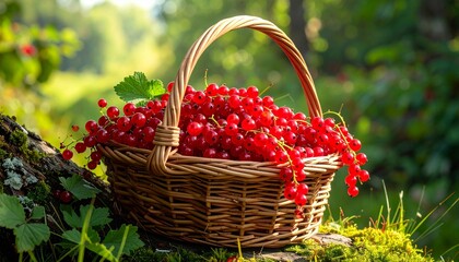 Basket of Red Currants on Grass Symbolizing Harvest and Editorial Styling for Nature and Seasonal Abundance