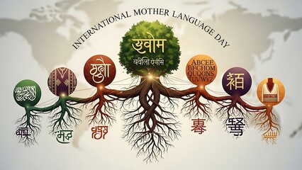 International mother language day celebration with tree and roots in different languages on white background