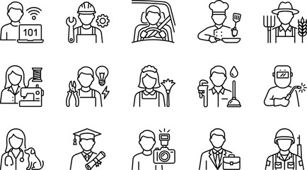 Modern profession and occupation line icon collection featuring workers, tools, medical care, education, culinary, farming, and industrial careers in clean minimalist vector style