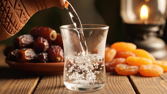 Pouring water from a traditional clay jug into a glass for Iftar. A Ramadan scene with dates and dried apricots on a wooden table. Breaking the fast during the holy month