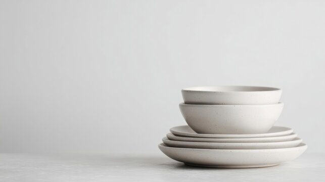 Stack of white ceramic bowls and plates on a plain white background. the bowls are stacked on top of each other, with the largest bowl at the bottom and the smallest at the top.