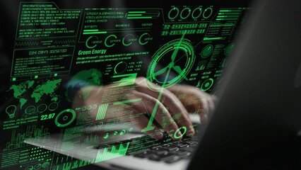 A captivating green energy data visualization displayed on a laptop screen, showcasing graphs and statistics to promote sustainable innovation and environmental awareness. Cipher