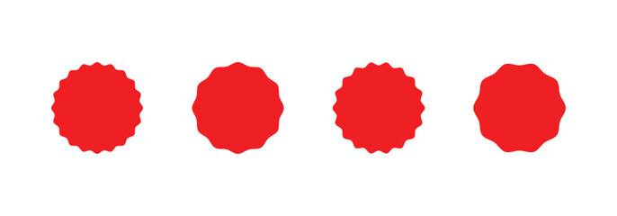 Wavy edge promo red starburst set. Zig zag edge silhouette circle design for price tag, label, sales sticker. Flat vector icon set isolated on white background.
