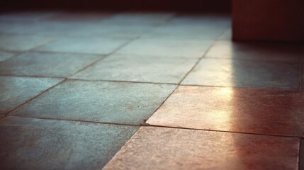 Close-up of a tiled floor. the tiles are arranged in a grid-like pattern, with each tile slightly overlapping the one below it.