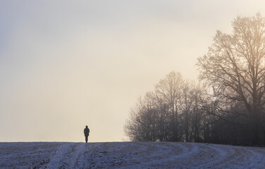 Woman walking into a hill with misty fog and trees. Winter time walking, healthy lifestyle