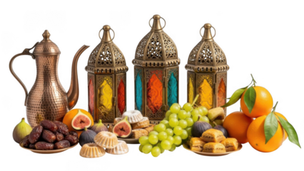 Traditional middle eastern tea set with fruits and lanterns