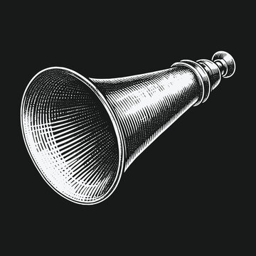 Engraved Illustration of an Antique Ear Trumpet for Hearing Aid.