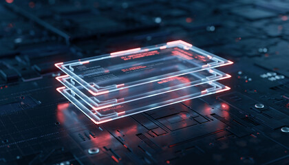 A detailed shot of electronic circuit boards with neon lighting, highlighting the complexity and technological advancements.