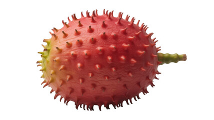 Red kiwifruit with spiky skin and green stem isolated on a transparent background