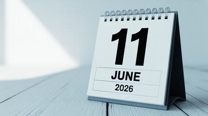 Minimalist standing desk calendar, bold black 11 June 2026 on white page, spiral binding, light gray wooden texture, soft blurred blue-gray background, angled shadow, modern clean aesthetic.