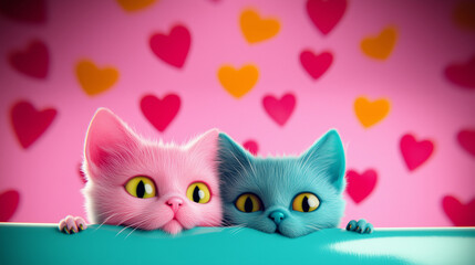 Two adorable baby kittens symbolizing love, set in a soft pastel, creative animal concept. A charming Valentine’s Day scene featuring a sweet little cat couple in a loving pet relationship.