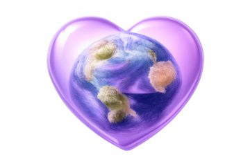 Purple heart enclosing a fluffy globe, representing love for planet earth, global care, and environmental protection
