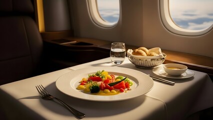 Gourmet Meal Served on a Luxury Airplane in First Class.
