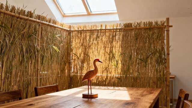 Wooden bird sculpture on a table in a room with bamboo wall and skylight