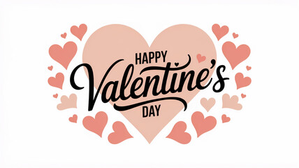 Modern Valentine vector card with centered rose-blush heart, minimalist flat design, elegant script lettering, pastel heart wreath, clean SVG lines, white background.