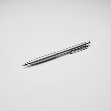 Uma caneta prateada deitada em fundo branco. Imagem minimalista comercial