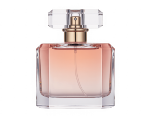 Pink perfume bottle with gold cap and clear lid isolated on a transparent background