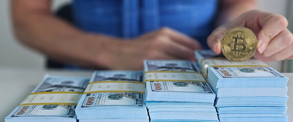 Bitcoin coin and cash background. Bitcoin growth and investment closeup