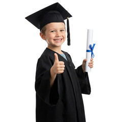 Happy little boy graduate wearing a black gown and cap, holding a diploma with a blue ribbon and giving a thumbs up