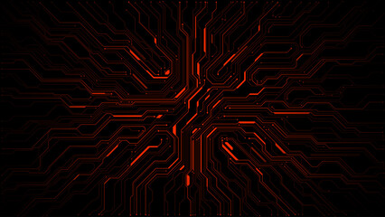 Abstract red circuit board texture with bright electric lines. Tech background showing futuristic digital patterns, network connections, and electronic system design elements. Digital vector bg