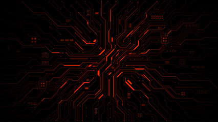 Red circuit board background with glowing lines and tech patterns. Abstract digital network design for futuristic electronic concepts and semiconductor technology illustrations. Digital vector bg