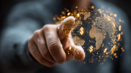 Man points at a digital map with glowing currency symbols