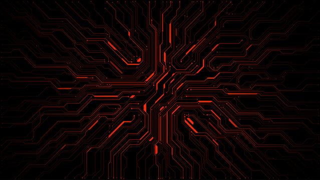 Abstract red circuit board texture with bright electric lines. Tech background showing futuristic digital patterns, network connections, and electronic system design elements. Digital vector bg
