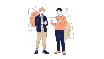 Two men collaborating, discussing ideas using tablet and smartphone, modern illustration