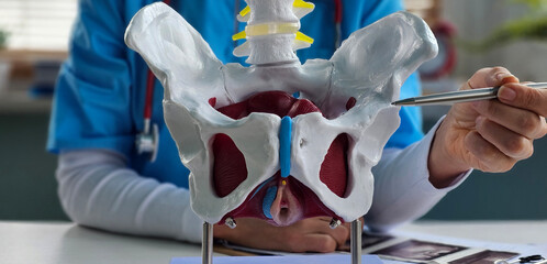 Plakat Doctor female gynecologist holds female pelvis with muscle model concept