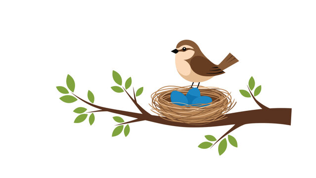 Illustration of a small brown bird standing on its nest containing three blue eggs perched on a leafy tree branch.