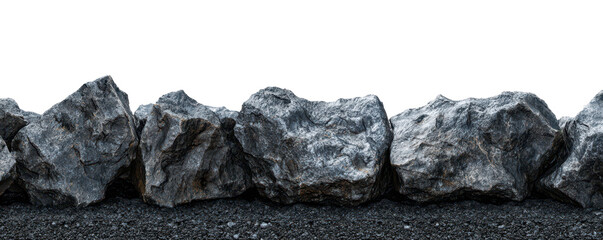 bottom border of black textured rocks isolated on white or transparent png