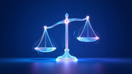Glowing neon scales of justice symbolize fairness in a futuristic digital era.