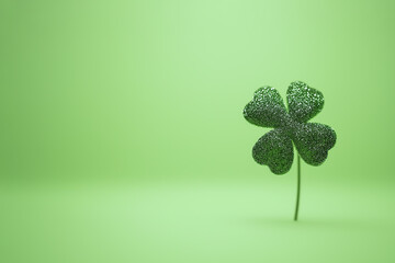 Green four-leaf clover with intricate details stands alone against a soft green background, symbolizing luck and prosperity in a minimalist design with copy space
