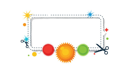 Decorative blank rectangular frame bordered by colorful suns and a sharp scissors icon on a white background.