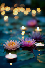 Water lilies in serene pond illuminated by floating candles, creating a tranquil atmosphere with soft bokeh lights in the background, perfect for relaxation and meditation themes