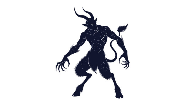 Dark blue silhouette of a muscular horned demon or satyr creature with claws and a tail on a white background.