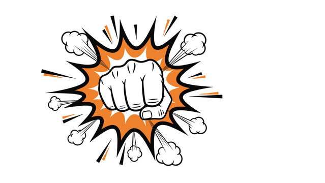 Hand drawn comic book style illustration of a front facing fist punch with a large orange explosion background.