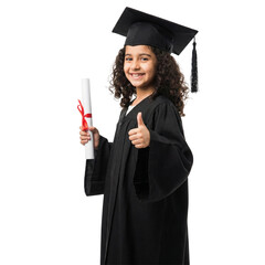 Happy little girl with pigtails wearing a graduation gown and cap, holding a diploma with a yellow ribbon and giving a thumbs up