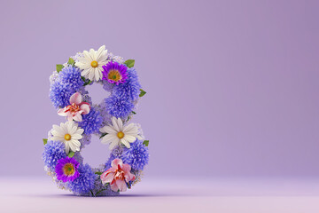 Floral arrangement in the shape of the number eight, featuring vibrant purple and white flowers, set against a soft lavender background, symbolizing beauty and celebration