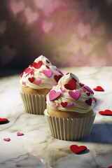 Delicious cupcakes topped with creamy frosting and heart-shaped sprinkles, beautifully arranged on a marble surface, perfect for celebrations and sweet moments