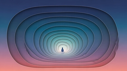 Fototapeta premium Person standing alone in a long abstract tunnel with glowing light at the end and colorful gradient background with surreal and dreamlike and psychedelic