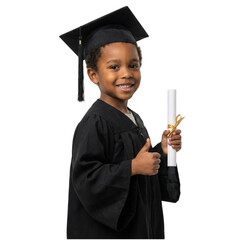 Portrait of a cheerful little schoolboy celebrating academic success and graduation achievement with a positive gesture.