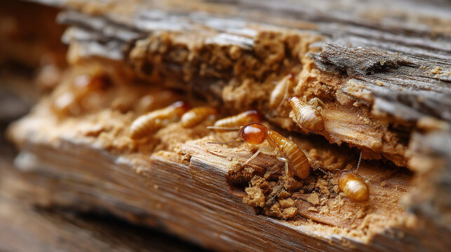 Magnified termite infestation on wooden surface, serious pest control challenges, destructive insect nature visualization, potential property damage assessment, structural integrit