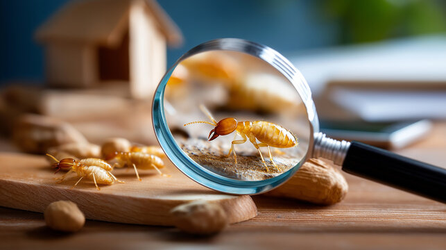 Magnified termite infestation on wooden surface, serious pest control challenges, destructive insect nature visualization, potential property damage assessment, structural integrit