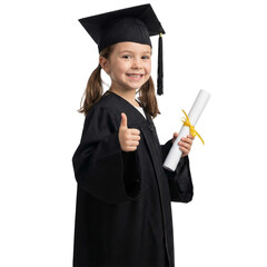 Happy little girl with pigtails wearing a graduation gown and cap, holding a diploma with a yellow ribbon and giving a thumbs up