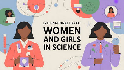 International day of women and girls in science banner with two female scientists in lab coats holding scientific equipment surrounded by floating graphics and text