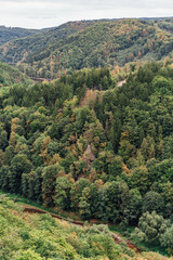 Village path through rural summer landscape panorama of the G&oacute;ry Sowie (Owl Mountains), Poland, with green hills, meadows, forests, and clear blue sky in natural daylight.
