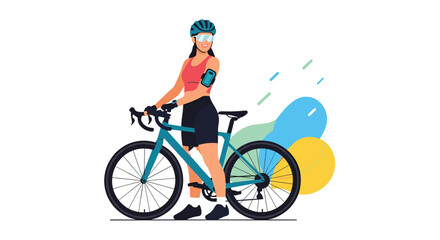 Obraz premium Stylish young woman in a helmet and sportswear standing with her road bike, ready for a ride, with a colorful abstract background.